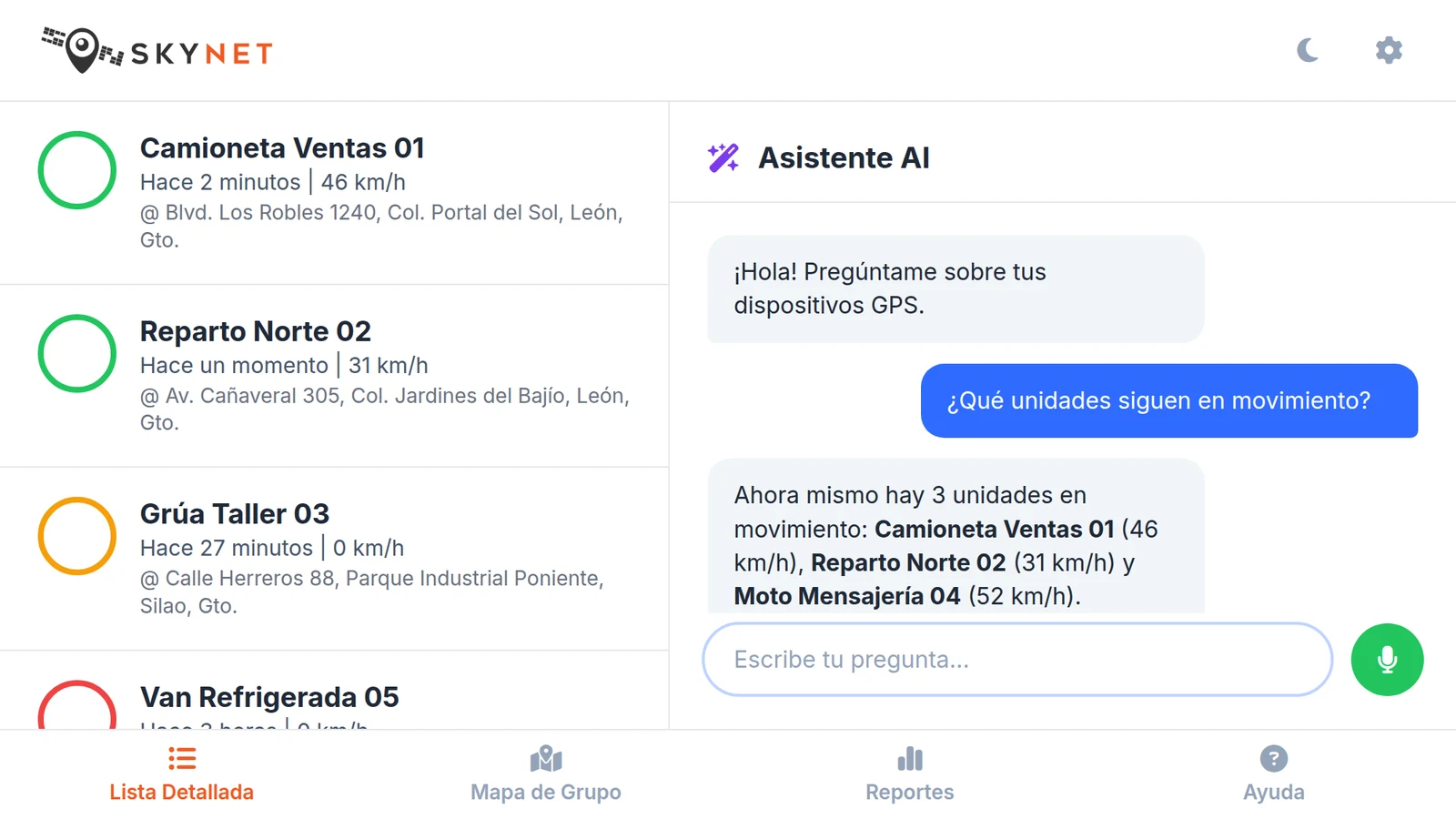 Asistente AI - Pregunta sobre tus dispositivos GPS