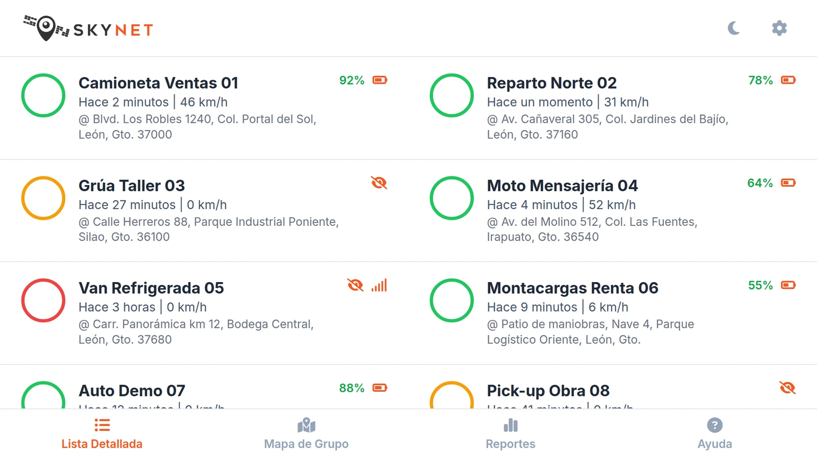 Dashboard - Lista de dispositivos GPS